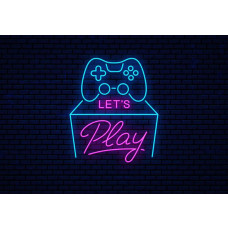 Fotobehang Let’s Play Gaming Neon met neon gamecontroller en roze tekst op donkere baksteenachtergrond.