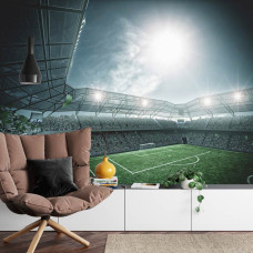 Een fotobehang met een levendig voetbalstadion vol sfeer in een woonkamer.
