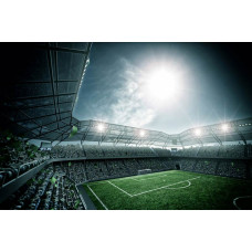 Fotobehang van een levendig voetbalstadion vol juichende supporters, met een voetbalwedstrijd in volle gang.