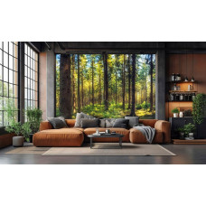 Fotobehang met een zonnig dennenbos en groene ondergroei in een stijlvolle woonkamer.
