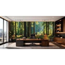 Fotobehang van een bos met natuurlijke lichtinval in een eigentijds kantoor.