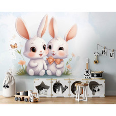 Een fotobehang van lieve konijntjes in een serene babykamer.