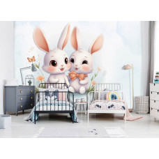 Een fotobehang van lieve konijntjes in een gezellige kinderkamer.