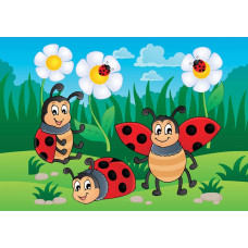 Fotobehang met lieveheersbeestjes op bloemen, ontworpen voor babykamers en peuterkamers.