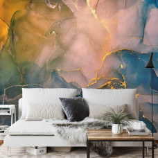 Een fotobehang met abstracte bliksem en marmer in een eetkamer.