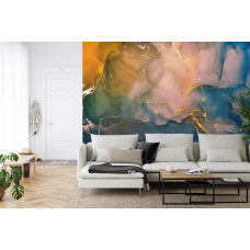 Een fotobehang met abstracte bliksem en marmer in een huiskamer.