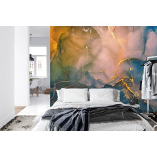Een fotobehang met abstracte bliksem en marmer in een slaapkamer.