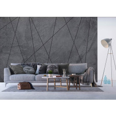Een fotobehang van lijnen op beton, dat een moderne en industriėle uitstraling geeft aan een woonkamer.
