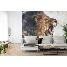 Een fotobehang met een artistieke weergave van een leeuw als schilderij, afgebeeld in een huiskamer.
