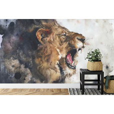 Een fotobehang met een leeuwenportret in kunstzinnige stijl, afgebeeld in een slaapkamer en woonkamer.