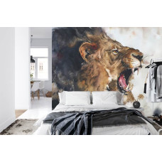 Een fotobehang met een schilderij van een leeuw in een slaapkamer.