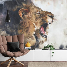 Een fotobehang met een kunstzinnige leeuw als schilderij, weergegeven in een woonkamer.