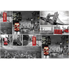 Fotobehang van een Londense collage, met Big Ben, de Tower Bridge en rode dubbeldekkers.