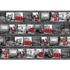 Fotobehang met een filmstrip van Londen, met Big Ben, de Tower Bridge en rode dubbeldekkers.