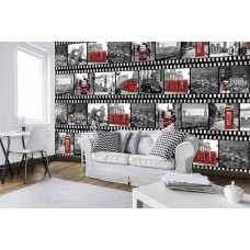 Een fotobehang van de iconische Big Ben en Tower Bridge in een filmstripstijl voor de woonkamer.