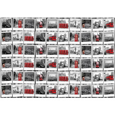 Fotobehang met een fotocollage uit Londen, met foto's van Big Ben, de Tower Bridge en rode dubbeldekkers.