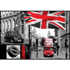 Londen stadsbeeld met vlag, bus en telefooncel, perfect weergegeven in dit iconische fotobehang van de Britse hoofdstad.