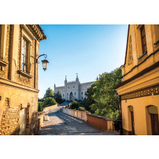 Gedetailleerd fotobehang van de stad Lublin met straat- en monumentdetails in 3D-stijl.