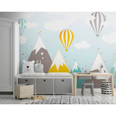 Een fotobehang met luchtballonnen boven bergtoppen voor kinderen in de babykamer en kinderkamer.