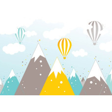 Fotobehang van luchtballonnen boven bergtoppen, speciaal voor babykamers.