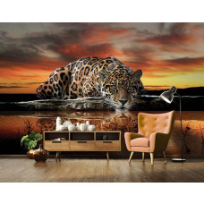 Een fotobehang met een luipaard en panter in jachtpositie met een cheetah en jaguar voor de woonkamer met roofdieren.
