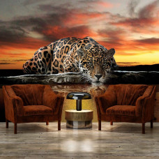 Een fotobehang met een luipaard en panter in jachtpositie met een cheetah en jaguar voor de woonkamer.