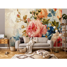 Een fotobehang met een compositie van pioenrozen in kunstzinnige stijl, passend in een huiskamer.