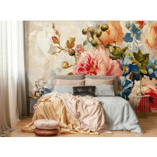 Een fotobehang met luxe bloemen en pioenrozen in een kunstzinnig ontwerp, ideaal voor een slaapkamer.