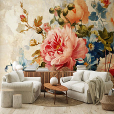 Een fotobehang met luxe bloemen en pioenrozen, bedrukt op vliesbehang, geschikt voor een woonkamer.