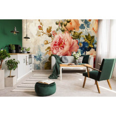 Een fotobehang met een luxe bloemencompositie van pioenrozen, perfect voor een woonkamer.