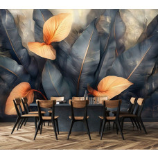 Fotobehang met artistieke botanische bladeren in een stijlvolle woonkamer.