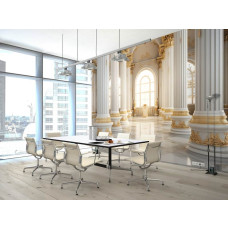 Een fotobehang van een luxe gebouw met gouden pilaren in een zakelijke bedrijfsruimte.