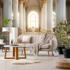Een fotobehang van een luxe gebouw met gouden pilaren in een statige woonkamer.