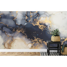 Een fotobehang met luxe gouden marmer met antracietgrijze accenten in een keuken.
