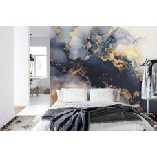 Een fotobehang met luxe gouden marmer met antracietgrijze accenten in een slaapkamer.