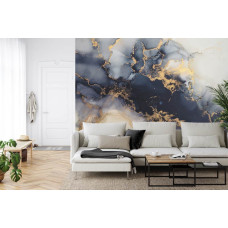 Een fotobehang met luxe gouden marmer met antracietgrijze accenten in een woonkamer.