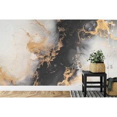 Een fotobehang met luxe gouden marmer en een natuurstenen uitstraling in een huiskamer.