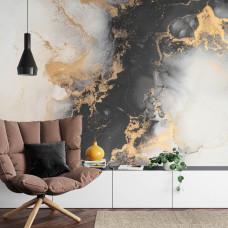 Een fotobehang met luxe gouden marmer en een natuurstenen uitstraling in een slaapkamer.