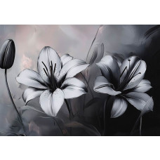 Fotobehang luxe lelies met bloemen op een donkere, schilderachtige achtergrond.