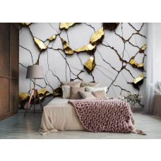 Een luxe 3D-fotobehang met gouden en witte marmerdetails, perfect voor een slaapkamer.