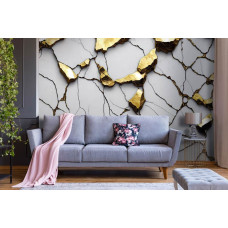 Een luxe 3D-fotobehang met gouden en witte marmerdetails, ideaal voor een woonkamer.
