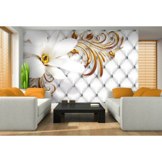 Een fotobehang met luxe bloemen in goud en zilver met abstracte patronen.
