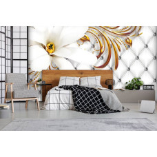 Een fotobehang met een gouden en zilveren bloemenpatroon voor de slaapkamer.