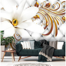 Een fotobehang van een luxe patroon met gouden en zilveren bloemen voor de woonkamer.