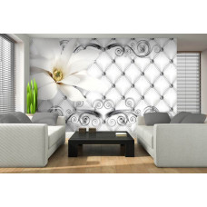 Een fotobehang van een luxe zilveren bloemenpatroon in abstract kunstdesign voor de woonkamer.