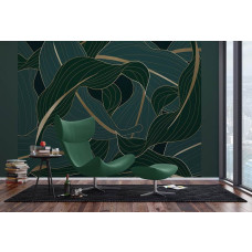 Een fotobehang van luxe tropische bladeren in goud in een jungle in een woonkamer met vliesbehang en Airtex.