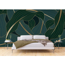 Een fotobehang van luxe tropische bladeren in goud in een jungle in een slaapkamer with vliesbehang.