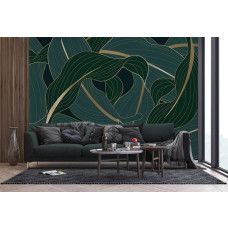 Een fotobehang van luxe tropische bladeren in goud in een jungle in een woonkamer.