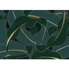 Een fotobehang van luxe tropische bladeren in goud in een jungle.