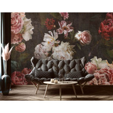Een luxe fotobehang met bloemen in een vintage stijl, ideaal voor een woonkamer.